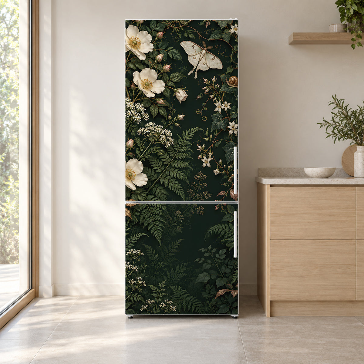 Whimsical Dark Botanical fridge wrap on a white refrigerator in a bright kitchen