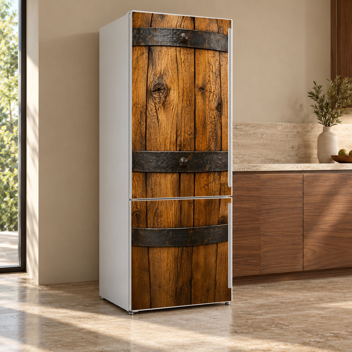 Whiskey Barrel fridge wrap, refrigerator shown at an angle