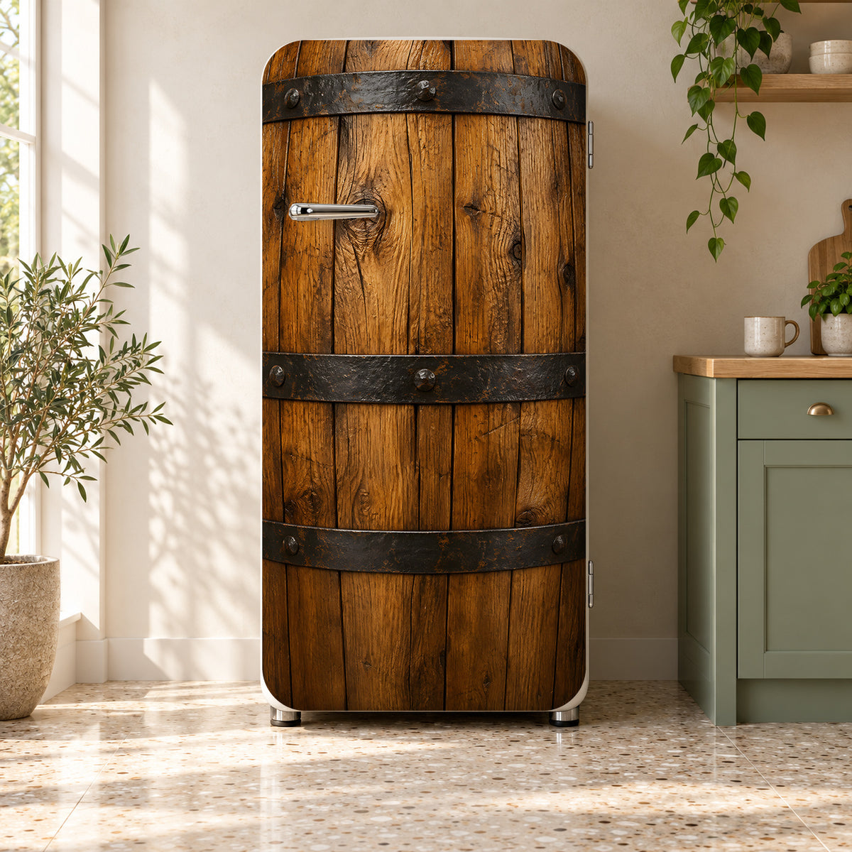 Whiskey Barrel fridge wrap on a retro refrigerator
