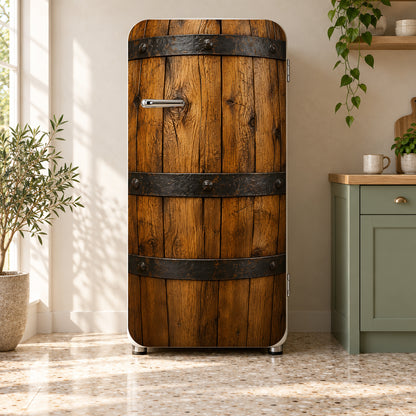Whiskey Barrel fridge wrap on a retro refrigerator
