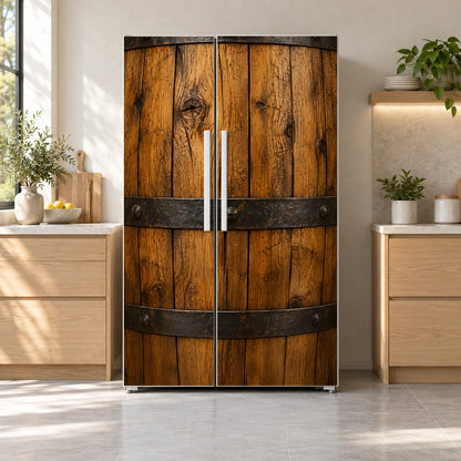 Whiskey Barrel fridge wrap on a side-by-side refrigerator