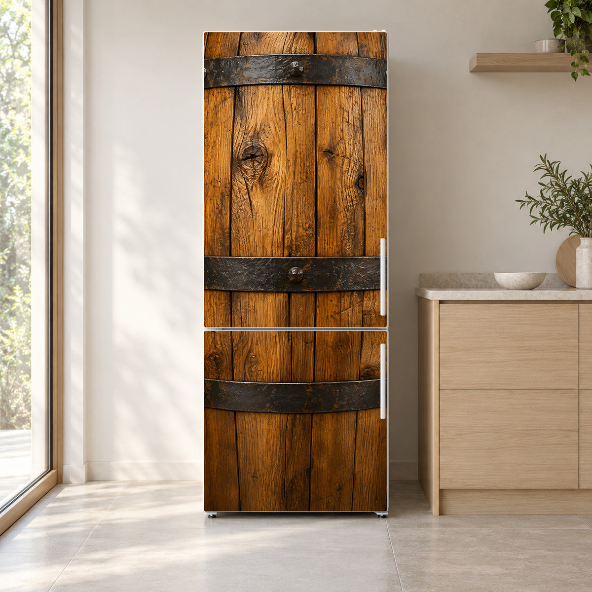 Whiskey Barrel fridge wrap on a white refrigerator in a bright kitchen