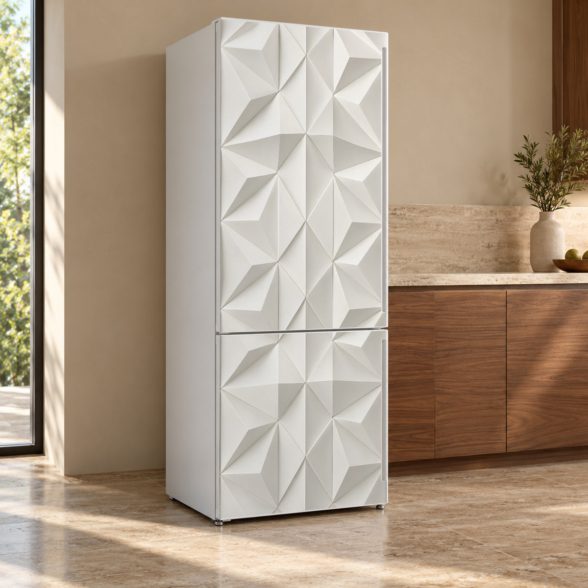 White 3D Geometric fridge wrap, refrigerator shown at an angle