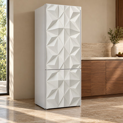 White 3D Geometric fridge wrap, refrigerator shown at an angle