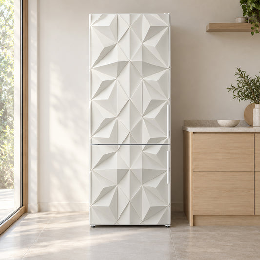 White 3D Geometric fridge wrap on a white refrigerator in a bright kitchen