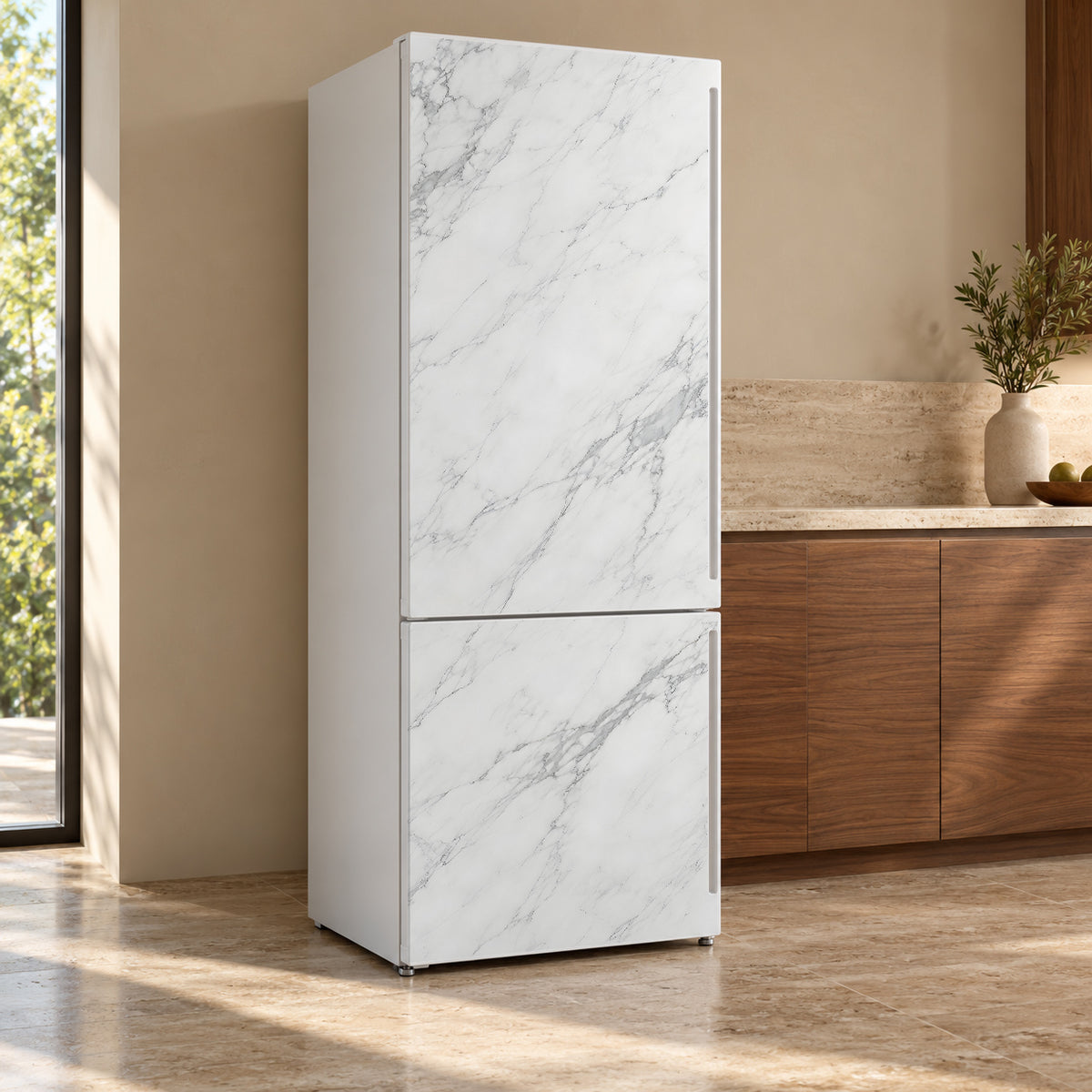 White Marble fridge wrap, refrigerator shown at an angle