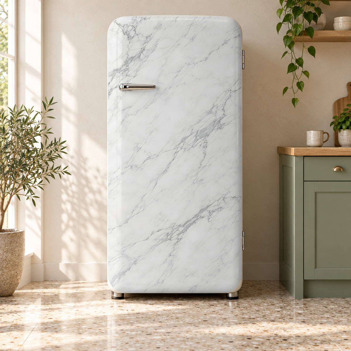 White Marble fridge wrap on a retro refrigerator
