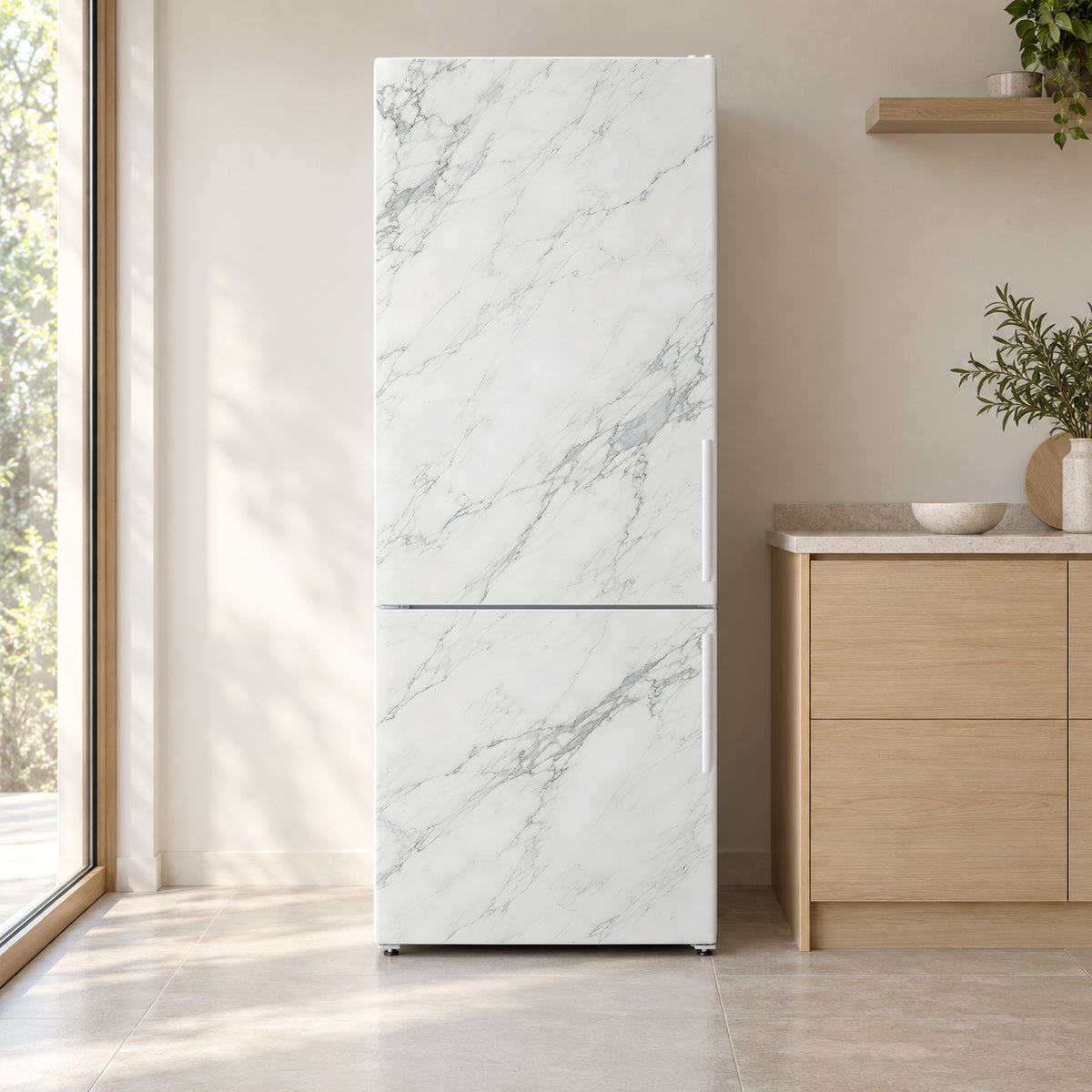 White Marble fridge wrap on a white refrigerator in a bright kitchen