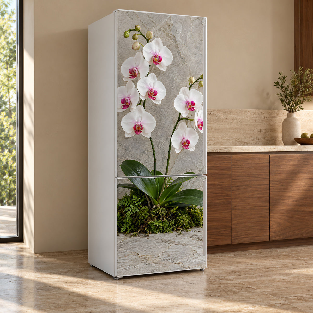 White Orchids fridge wrap, refrigerator shown at an angle