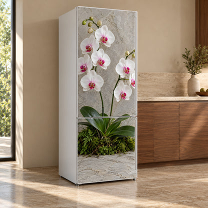 White Orchids fridge wrap, refrigerator shown at an angle