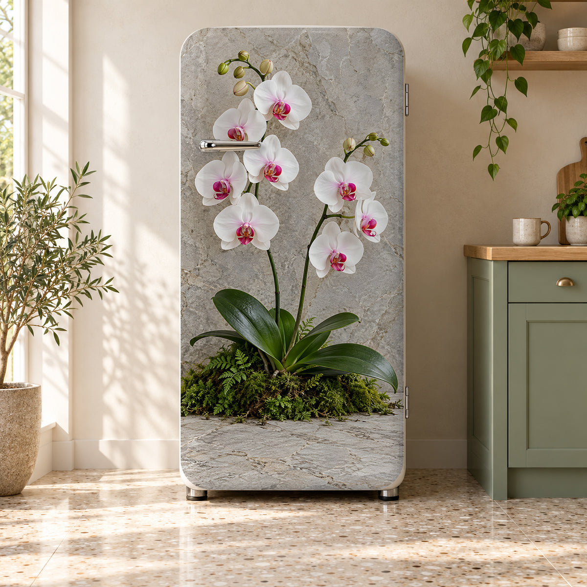 White Orchids fridge wrap on a retro refrigerator