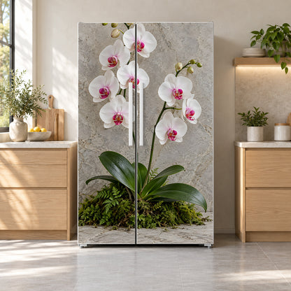 White Orchids fridge wrap on a side-by-side refrigerator