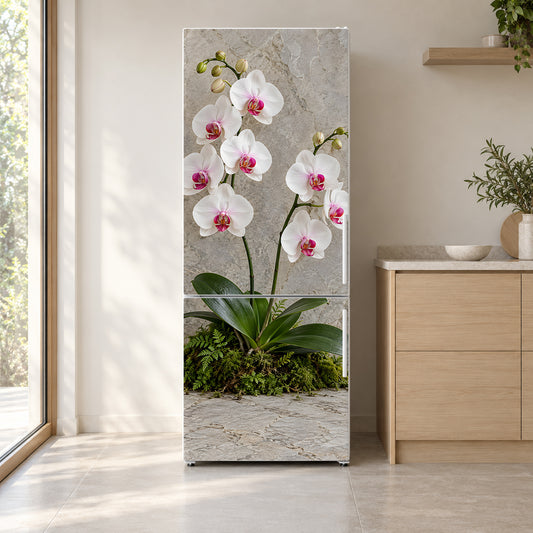 White Orchids fridge wrap on a white refrigerator in a bright kitchen