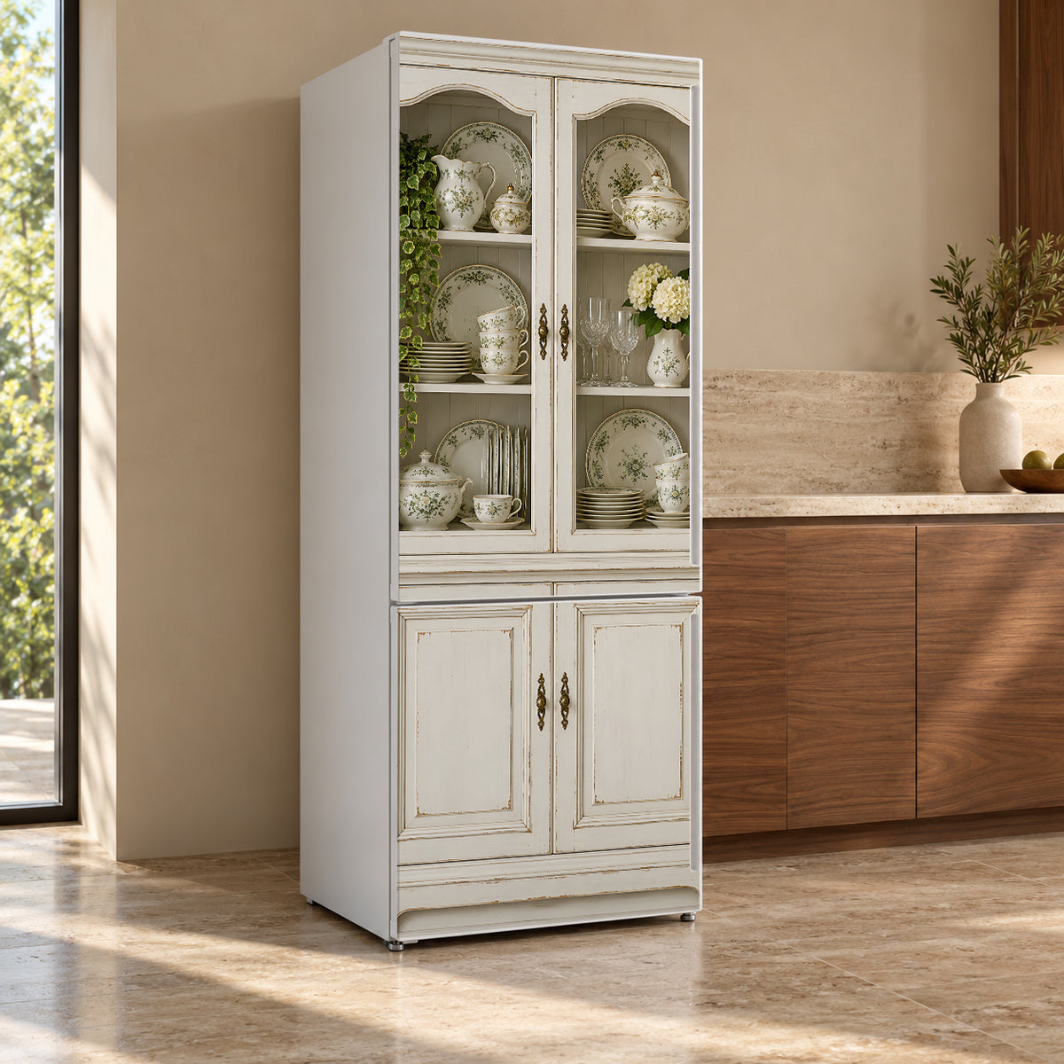 White Vintage China Cabinet fridge wrap, refrigerator shown at an angle