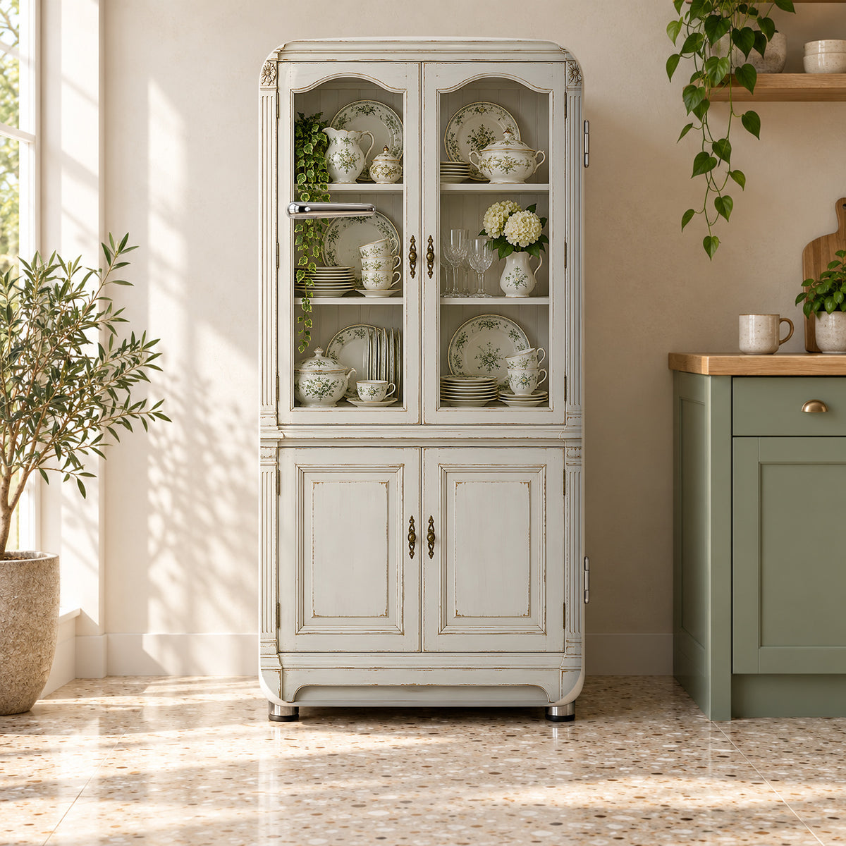 White Vintage China Cabinet fridge wrap on a retro refrigerator