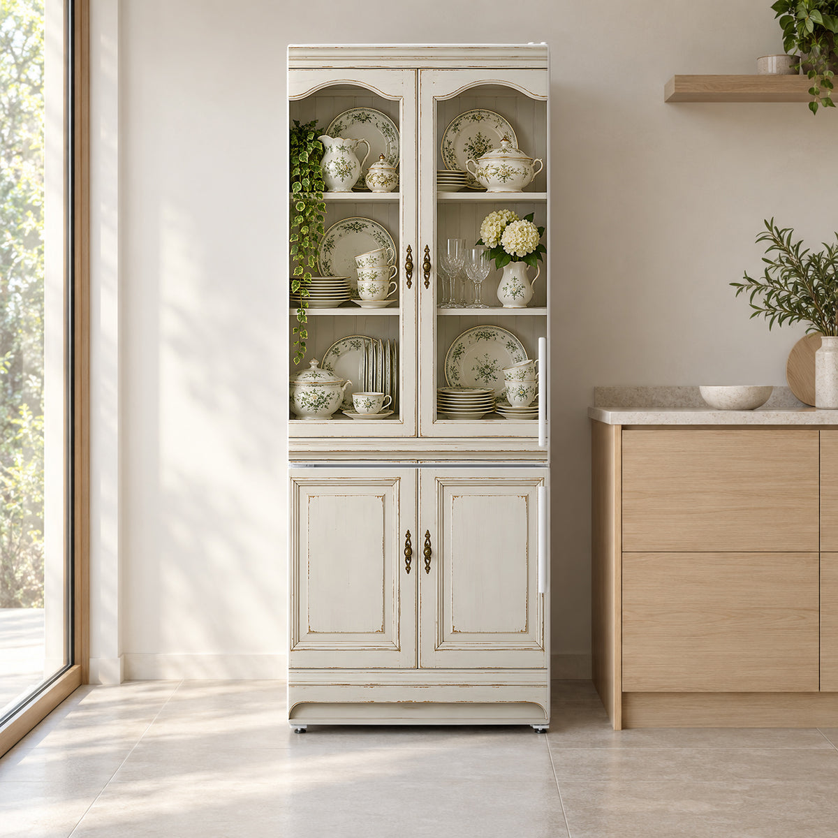 White Vintage China Cabinet fridge wrap on a white refrigerator in a bright kitchen