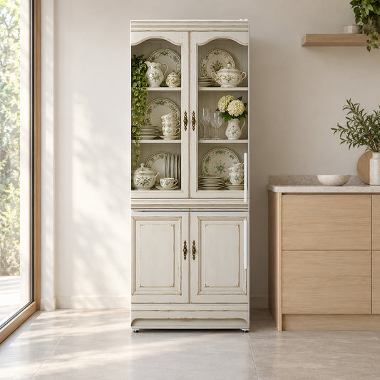 White Vintage China Cabinet fridge wrap on a white refrigerator in a bright kitchen