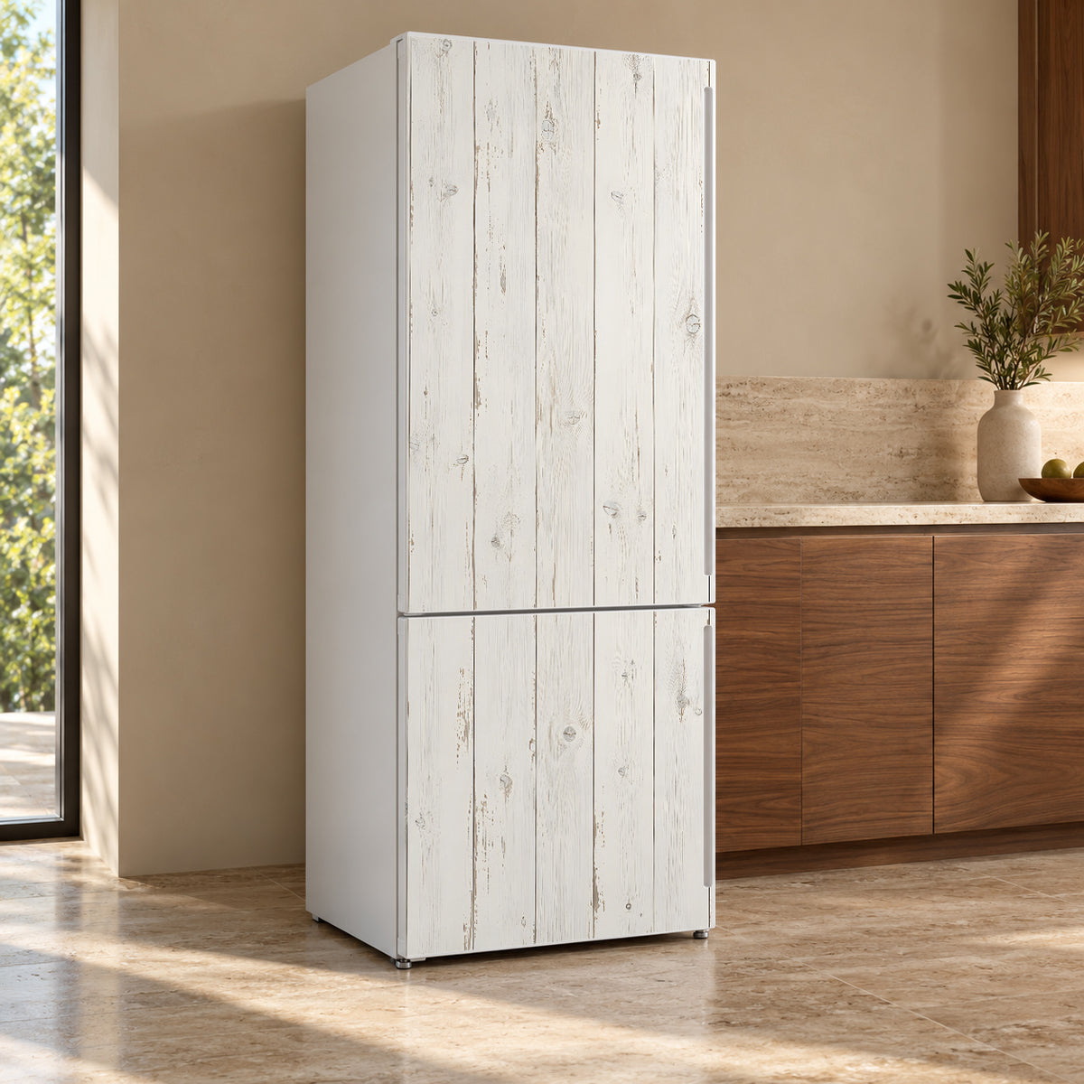 Whitewashed Wood fridge wrap, refrigerator shown at an angle