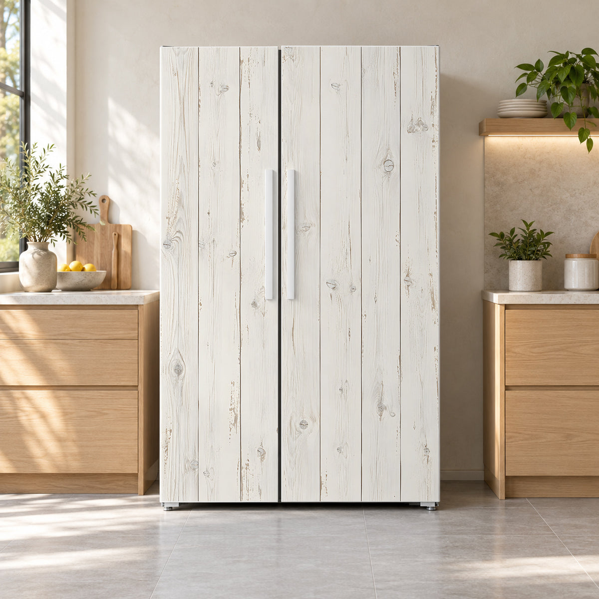 Whitewashed Wood fridge wrap on a side-by-side refrigerator