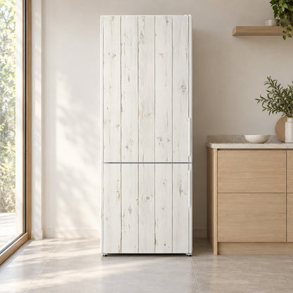 Whitewashed Wood fridge wrap on a white refrigerator in a bright kitchen