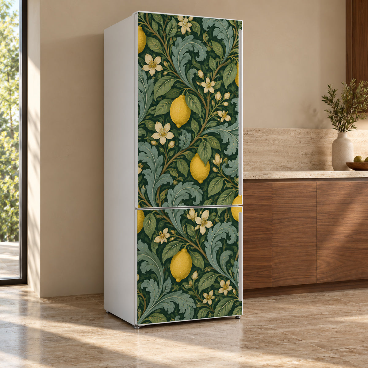 William Morris Style Lemons fridge wrap, refrigerator shown at an angle