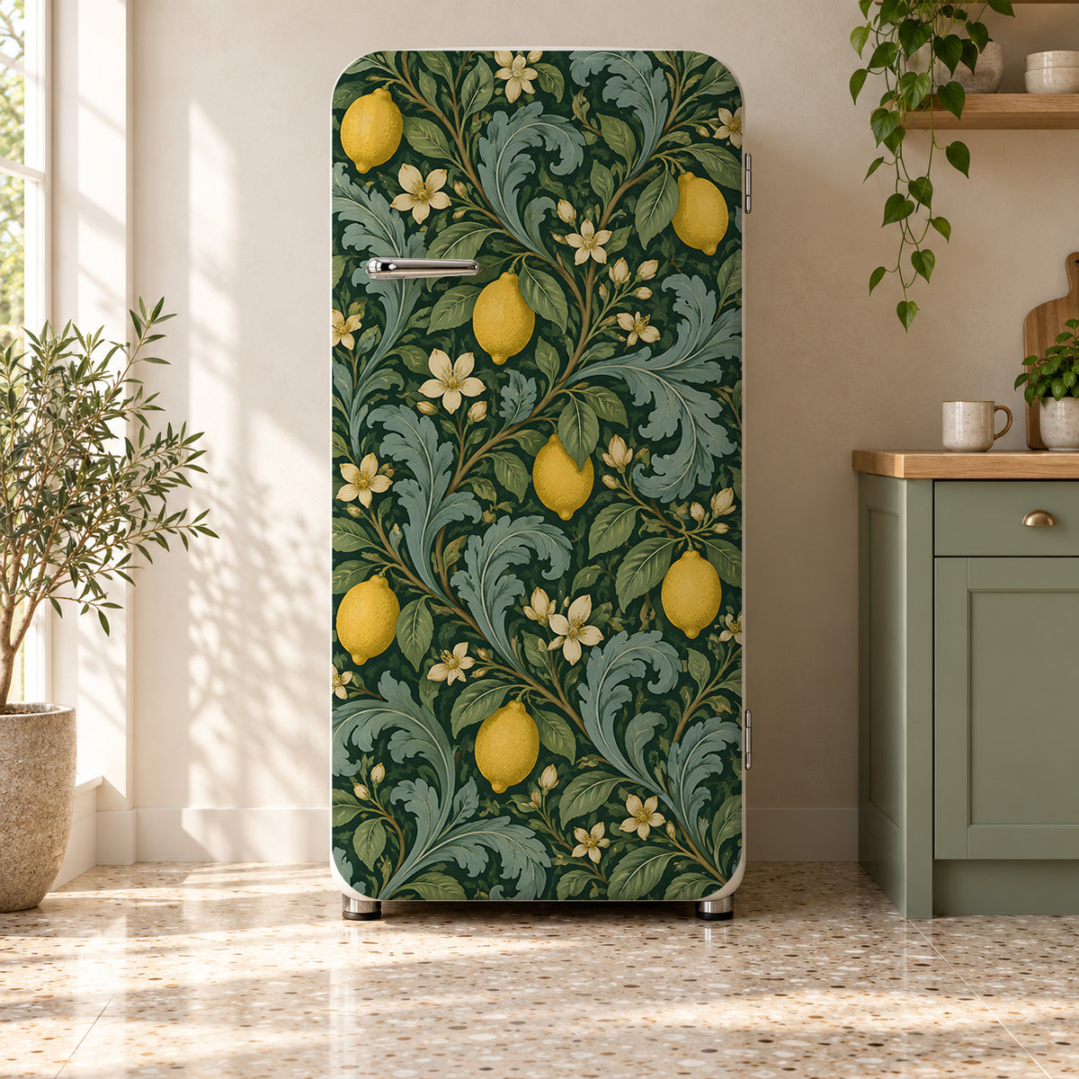 William Morris Style Lemons fridge wrap on a retro refrigerator