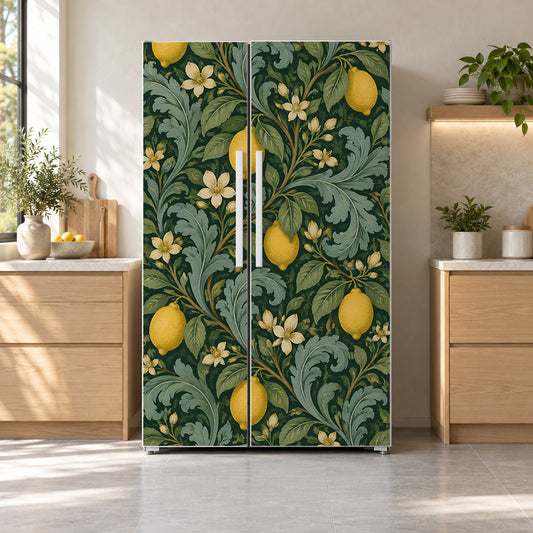 William Morris Style Lemons fridge wrap on a side-by-side refrigerator