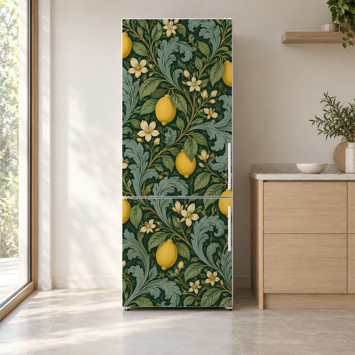 William Morris Style Lemons fridge wrap on a white refrigerator in a bright kitchen