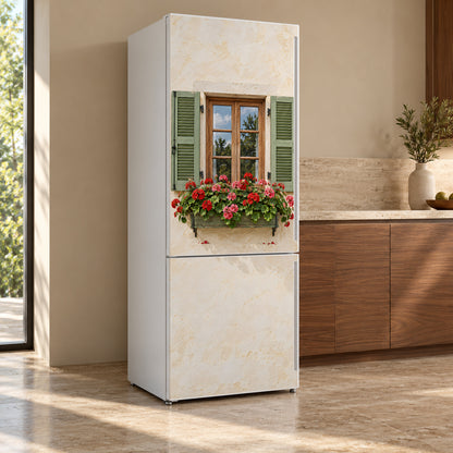Window Box Geraniums fridge wrap, refrigerator shown at an angle
