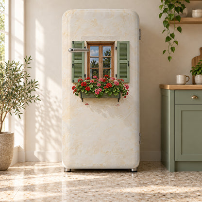 Window Box Geraniums fridge wrap on a retro refrigerator