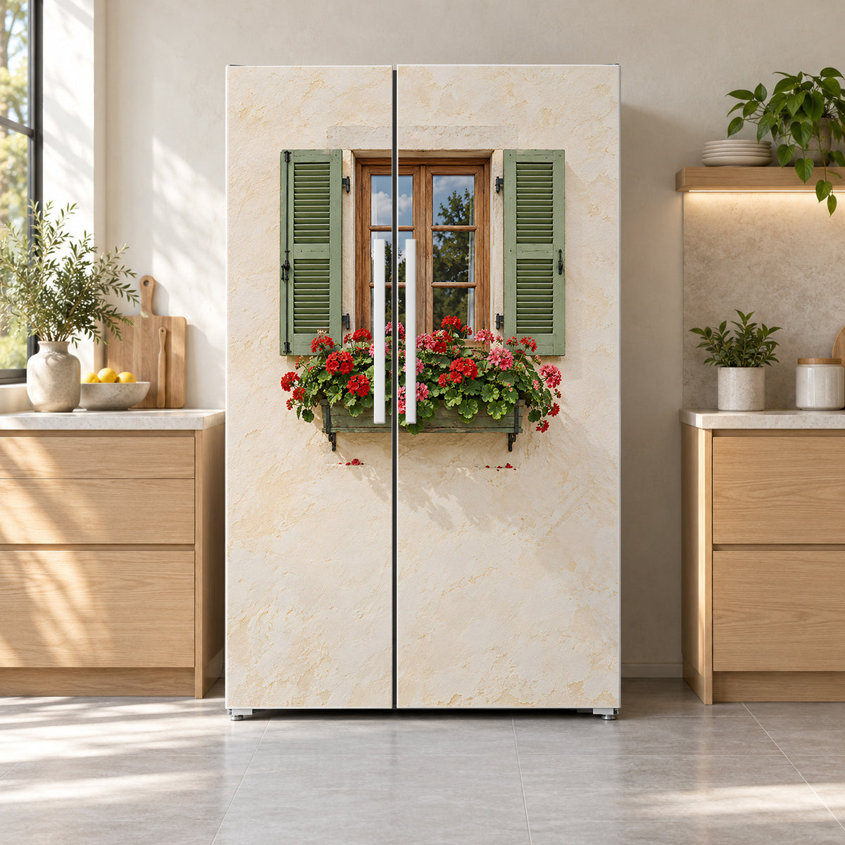 Window Box Geraniums fridge wrap on a side-by-side refrigerator