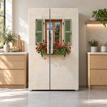 Window Box Geraniums fridge wrap on a side-by-side refrigerator