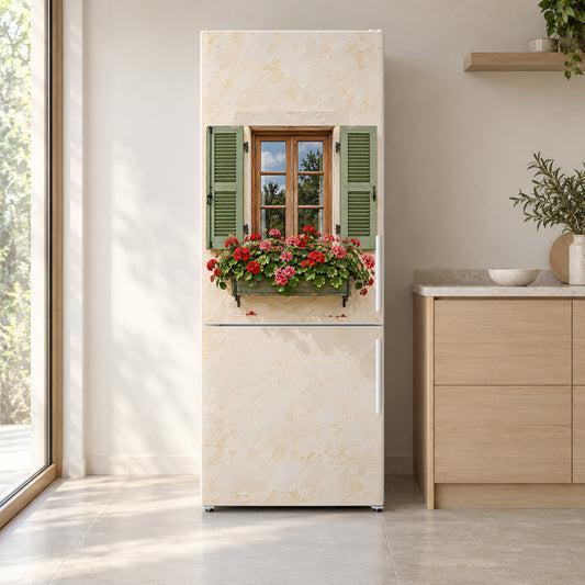 Window Box Geraniums fridge wrap on a white refrigerator in a bright kitchen
