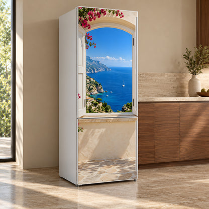 Window to the Sea fridge wrap, refrigerator shown at an angle