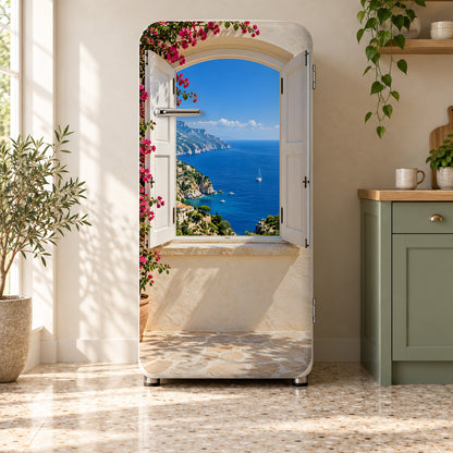 Window to the Sea fridge wrap on a retro refrigerator