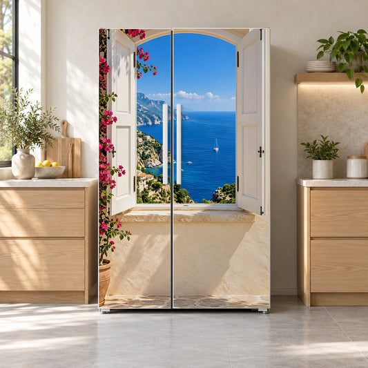 Window to the Sea fridge wrap on a side-by-side refrigerator