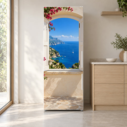 Window to the Sea fridge wrap on a white refrigerator in a bright kitchen