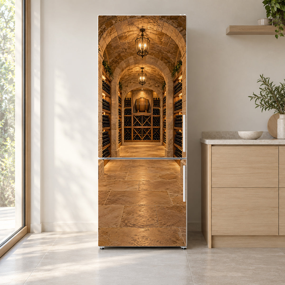 Wine Cellar fridge wrap on a white refrigerator in a bright kitchen