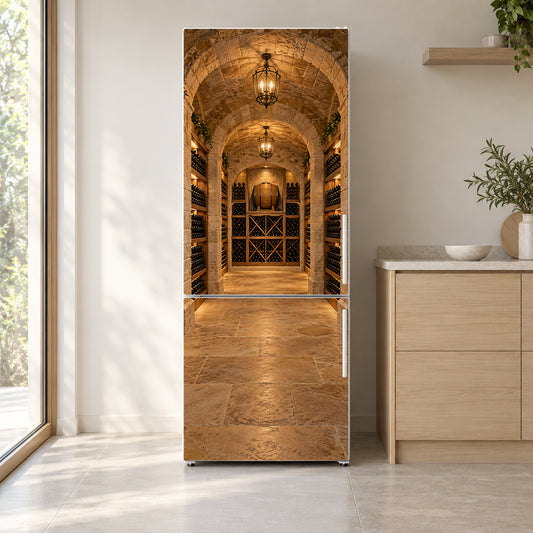Wine Cellar fridge wrap on a white refrigerator in a bright kitchen