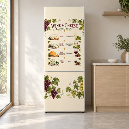 Wine & Cheese Pairing Chart fridge wrap on a white refrigerator in a bright kitchen