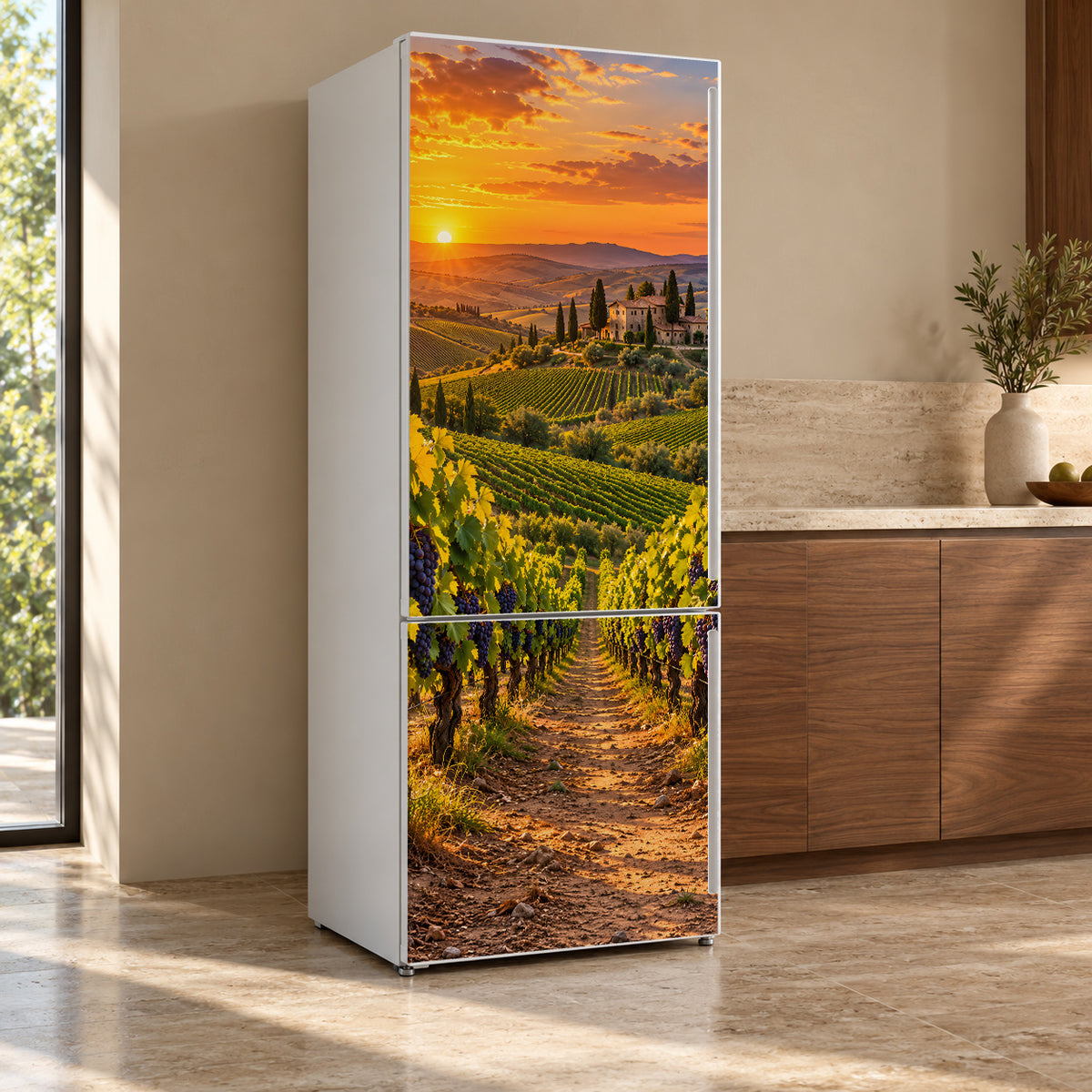Wine Country Vineyard Sunset fridge wrap, refrigerator shown at an angle