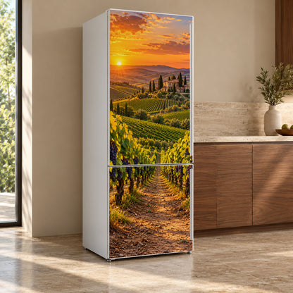 Wine Country Vineyard Sunset fridge wrap, refrigerator shown at an angle