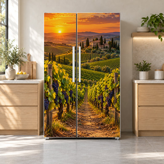 Wine Country Vineyard Sunset fridge wrap on a side-by-side refrigerator