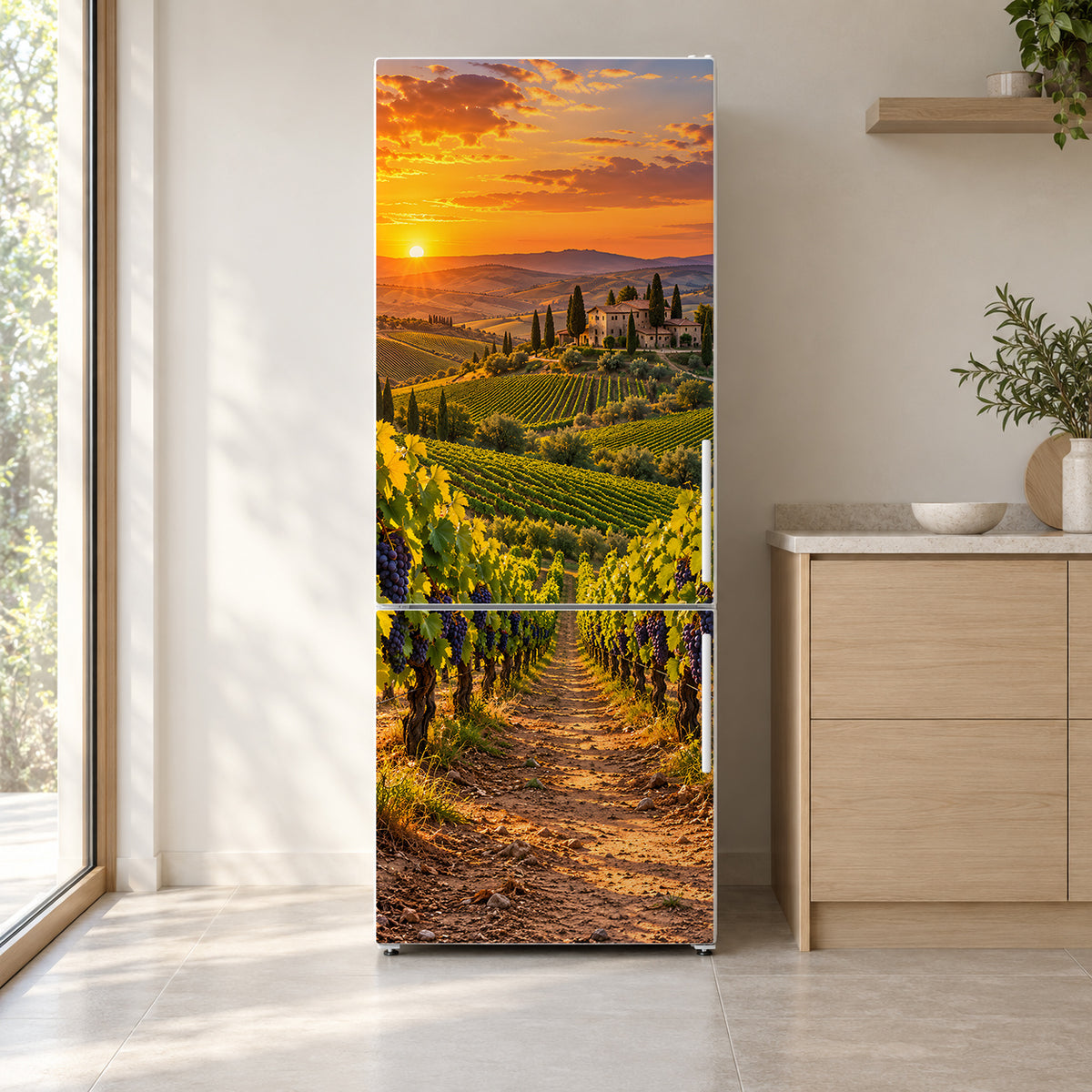 Wine Country Vineyard Sunset fridge wrap on a white refrigerator in a bright kitchen