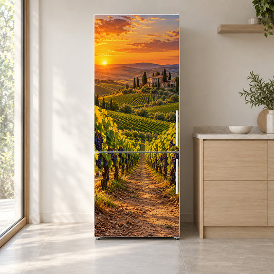 Wine Country Vineyard Sunset fridge wrap on a white refrigerator in a bright kitchen
