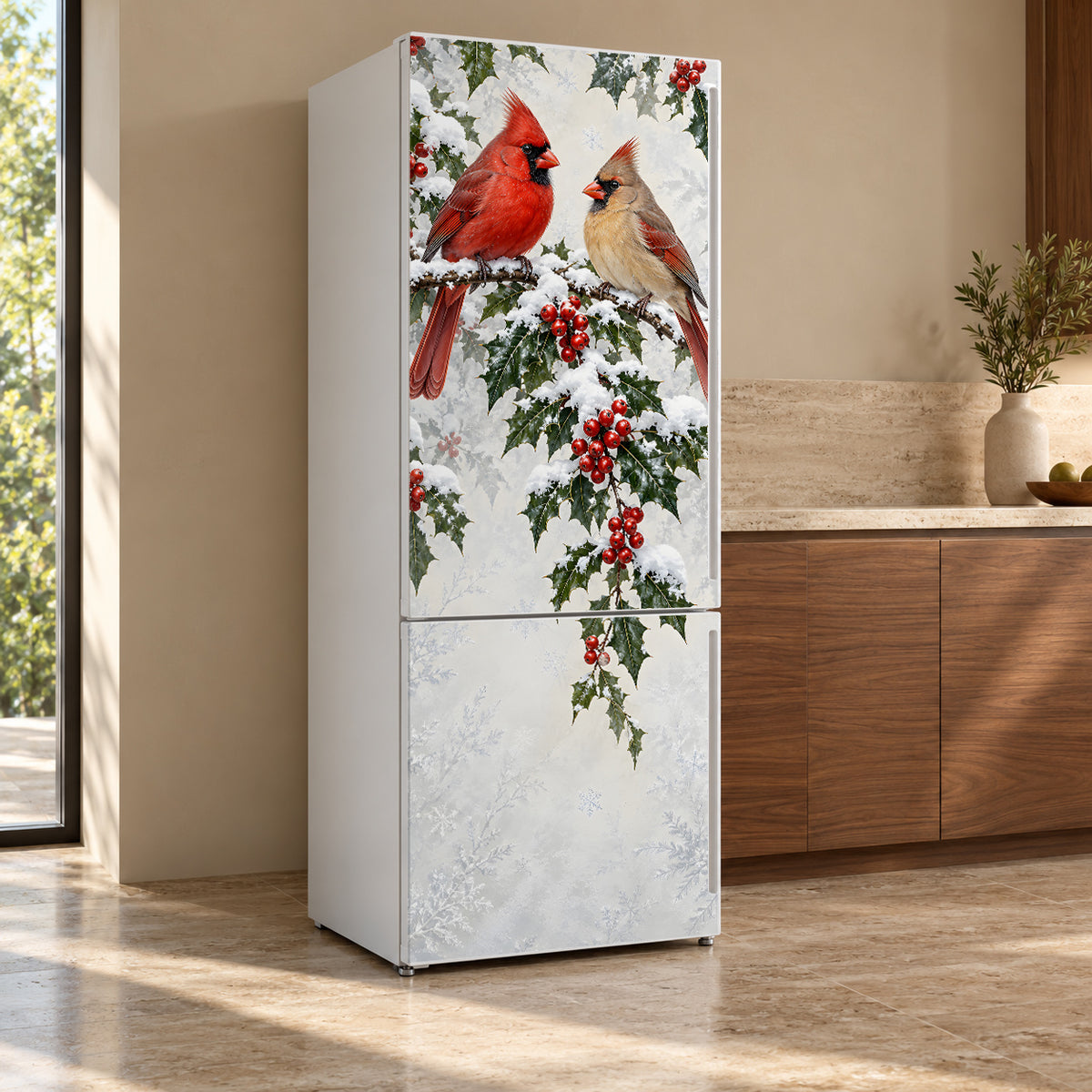 Winter Cardinals fridge wrap, refrigerator shown at an angle