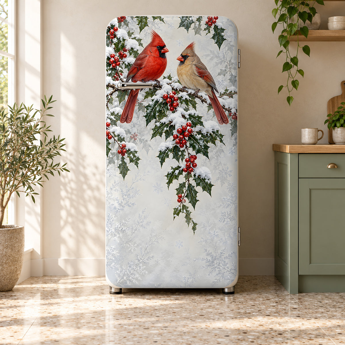 Winter Cardinals fridge wrap on a retro refrigerator