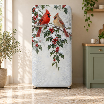 Winter Cardinals fridge wrap on a retro refrigerator