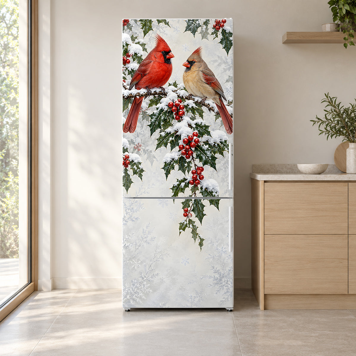 Winter Cardinals fridge wrap on a white refrigerator in a bright kitchen