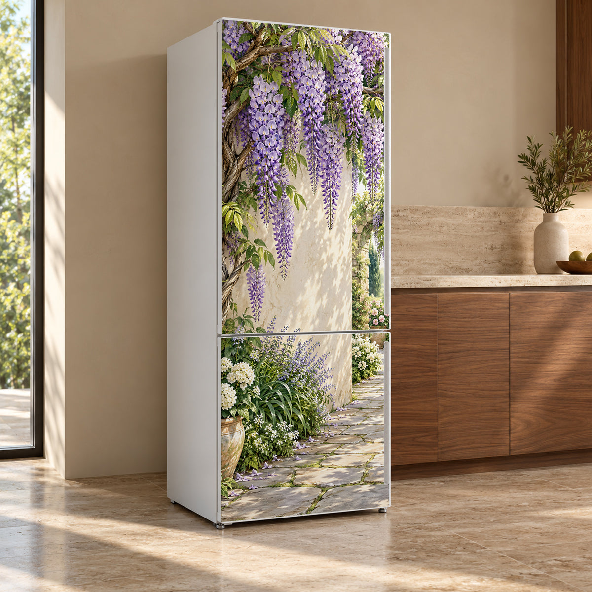 Wisteria Cascade fridge wrap, refrigerator shown at an angle